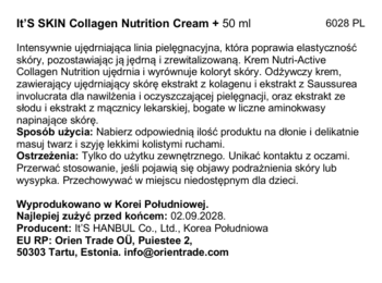 Tył białego opakowania kremu It'S SKIN Collagen Nutrition Cream 50ml z opisem i datą 02.09.2008.