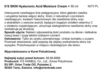 Etykieta kremu IT'S SKIN Hyaluronic Acid Moisture Cream, tył opakowania z polskim opisem i danymi producenta.