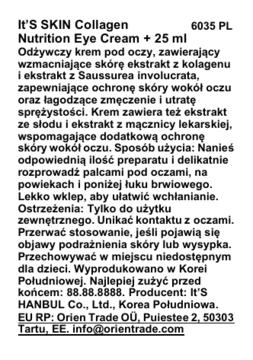 Biała etykieta It'S SKIN Collagen Nutrition Eye Cream 25ml z polskimi informacjami o składzie i stosowaniu.