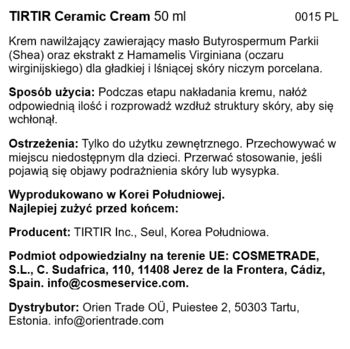 TIRTIR Ceramic Cream 50ml, tylna etykieta z polskim opisem składu, użycia i ostrzeżeń na białym tle.