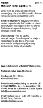 TIRTIR Milk Skin Toner Light 50 ml, biała etykieta z polskim opisem toniku z niacynamidem, widok przód.