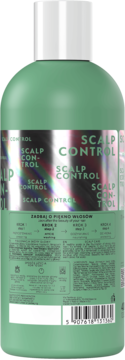 Tył zielonego szamponu so!flow Scalp Control z białą nakrętką, widocznymi instrukcjami i kodem kreskowym.