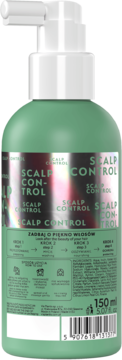 Tył zielonej butelki serum Scalp Control z białą pompką, widoczna metaliczna etykieta i kod kreskowy, 150ml.