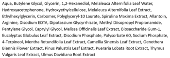 Zbliżenie na listę składników (INCI) maski TIRTIR Tea Tree Clear Ampoule Mask, prezentującą szczegółowy skład.