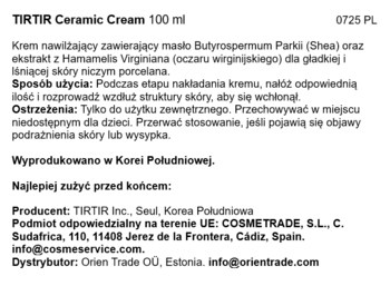 TIRTIR Ceramic Cream 100 ml, tylna etykieta opakowania z polskim opisem produktu, producentem i składnikami.