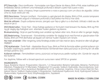 Tył opakowania Cosrx One Step Moisture Up Pad z listą składników i opisem w wielu językach, logo COSRX.