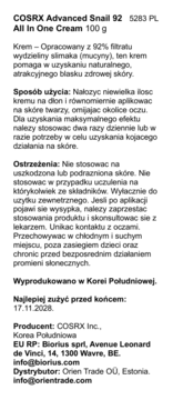 Polska etykieta kremu ze śluzem ślimaka COSRX Advanced Snail 92 All In One Cream z opisem produktu.