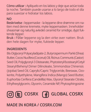Tył różowego opakowania maski COSRX z ceramidami i masłem shea, widoczny skład i użycie.