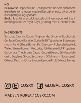 COSRX Honey Sugar Lip Scrub, tył opakowania z listą składników i opisem po norwesku, beżowe tło.