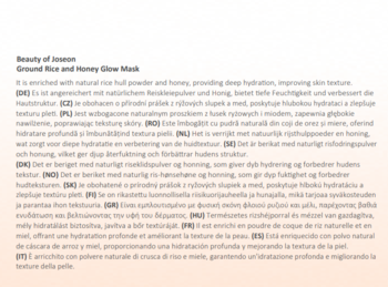 Wielojęzyczny opis produktu Beauty of Joseon Ground Rice and Honey Glow Mask. Tekst na białym tle.