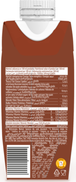 Tylna strona kartonu Sante Choco Oat Lovege, napój owsiany czekoladowy, etykieta wartości odżywczych.