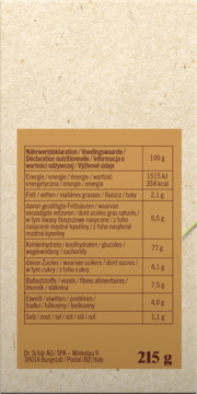 Etykieta Dr. Schär bezglutenowego pieczywa chrupkiego: tabela wartości odżywczych, wielojęzyczny opis, 215g, na teksturowanym, brązowym tle.