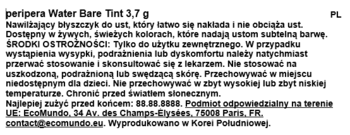 Polska etykieta Peripera Water Bare Tint 3,7 g. Tekst opisuje nawilżający błyszczyk do ust i ostrzeżenia.