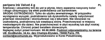 Etykieta Peripera Ink Velvet 4g, płynny tint do ust. Widok tekstu PL z informacjami o produkcie i środkami ostrożności.