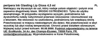 Polski tekst na etykiecie błyszczyka Peripera Ink Glasting Lip Gloss 4,5 ml z informacjami i środkami ostrożności.