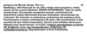 peripera Ink Moody Glowy Tint 4g, biała etykieta z czarnym tekstem informacyjnym w języku polskim.