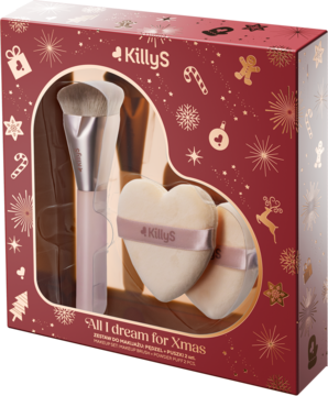 Zestaw KillyS "All I dream for Xmas": pędzel i beżowe gąbeczki-serca w czerwonym pudełku, widok z przodu.