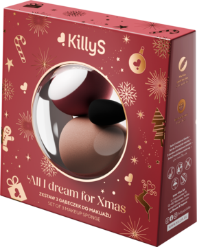 Zestaw KillyS 3 gąbeczek do makijażu w czerwonym świątecznym pudełku z okienkiem, widok z przodu.