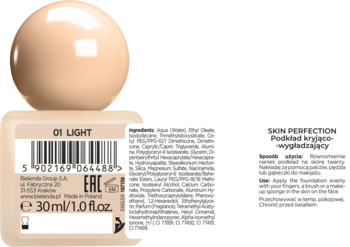 Bielenda Skin Perfection podkład kryjąco-wygładzający 01 Light, butelka 30ml z etykietą, widok z przodu.