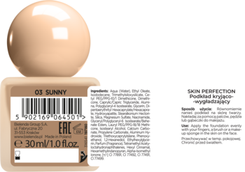 Beżowy podkład kryjąco-wygładzający Bielenda Skin Perfection 05 Sunny. Kula na podstawie z etykietą 30ml.