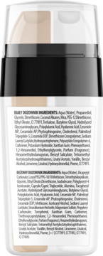 Tył podwójnego opakowania satynowego podkładu 2w1 z bazą glow booster. Widoczne listy składników, ceramidy, hialuron.
