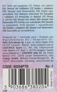 Tył opakowania pieczątki z naklejkami. Widoczne dane producentów z Europy, kod kreskowy i "Made in China".