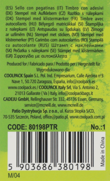 Zielono-żółta etykieta z tyłu opakowania: kod 80198PTR, barcode 5903686380198, info o naklejkach i producentach.