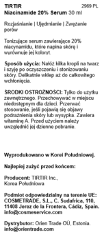 Tył koreańskiego serum TIRTIR Niacinamide 20% 30ml, z czytelnym polskim opisem i instrukcjami.
