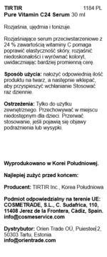TIRTIR Pure Vitamin C24 Serum 30ml, tył opakowania, polska etykieta z opisem i zawartością witaminy C.