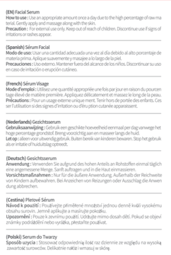 Tył opakowania serum do twarzy TIRTIR z instrukcjami użycia w 7 językach. Czarny tekst na białym tle.