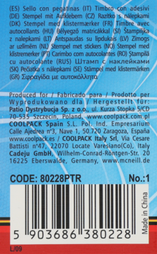 Tył opakowania z pieczątkami z naklejkami, widoczne dane producentów, wielojęzyczny opis i kod kreskowy produktu.