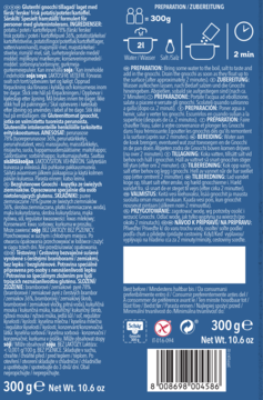 Niebieski tył opakowania Bezglutenowych Gnocchi 300g, z listą składników, instrukcjami i kodem EAN.