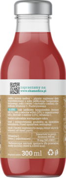 Tył butelki suplementu diety z sokiem jabłkowo-wiśniowym i wit. C. Etykieta ze składem, QR kodem.