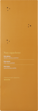 Złoto-brązowa etykieta produktu z nutami zapachowymi: mandarynka, cynamon, ambra, goździki, wanilia. Intensywność 5/5.