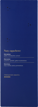 Ciemnoniebieskie opakowanie zapachu. Widoczne nuty głowy, serca i bazy: owoce, przyprawy, wanilia. Intensywność 5/5 gwiazdek.