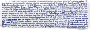 Tył opakowania chusteczek nawilżanych Babydream, multi-języczny tekst o 99% wody, 100% włóknach.