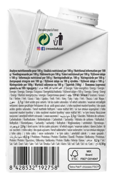 Tył białego kartonika napoju kokosowego Ecomil Coconut Nature BIO z tabelą wartości odżywczych i symbolami recyklingu.