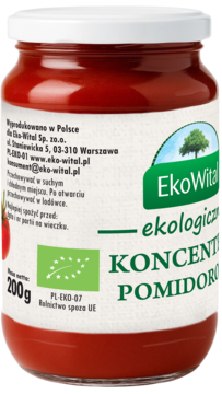 EkoWital ekologiczny koncentrat pomidorowy 200g w szklanym słoiku z zielono-białą etykietą, widok z przodu.