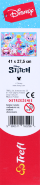 Puzzle Disney Stitch z Angel i innymi postaciami na jasnoniebieskim tle, wymiary 41x27,5 cm, widoczne ostrzeżenie 0-3.