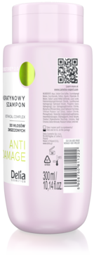Tył różowej butelki szamponu Delia Cameleo Expert Anti-Damage dla włosów zniszczonych, ze składnikami i kodem QR.
