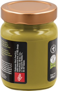 Tył zielonego słoika kremu pistacjowego Sisinni bez cukru, czarna etykieta z info producenta i symbolami vegan/gluten free.