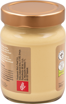 Tył szklanego słoika kremu migdałowego Sisinni bez cukru, wegańskiego, z brązową etykietą, logotypami Vegan i RSPO.