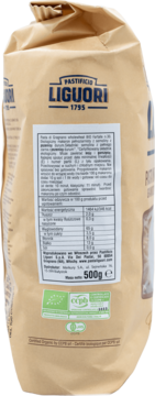 Tylna strona brązowej papierowej torebki makaronu Liguori Farfalle BIO 500g z tabelą wartości odżywczych.
