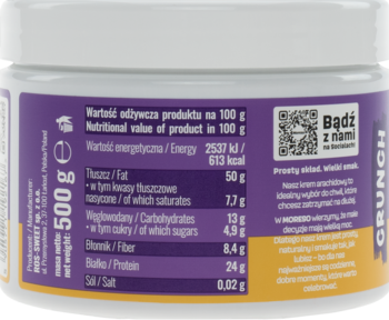 Tył białego opakowania masła orzechowego Moreso Crunch z fioletową etykietą i szczegółową tabelą wartości odżywczych.