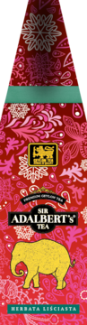 Czerwone opakowanie herbaty Sir Adalbert's Tea z paisley, złotym słoniem i napisem 'Herbata Liściasta'.