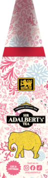 Eleganckie opakowanie herbaty Sir Adalbert's Szczęście w formie torebki, białe z różowymi wzorami i złotym słoniem.