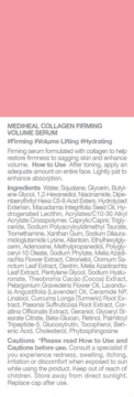 Etykieta Mediheal Collagen Firming Volume Serum z kolagenem i retinolem na różowym tle, zbliżenie na tekst.