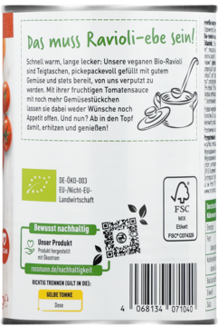 Tył puszki Rossmann vegan Bio-Ravioli z opisem produktu, certyfikatami bio, logo FSC i instrukcjami recyklingu.