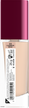 Satynowy podkład Stars Otternity 03 Cashmere Beige, jasna butelka z różową nakrętką, widok z boku z etykietą.