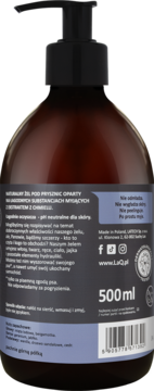 Tył brązowej butelki żelu pod prysznic LaQ Kozioł z Klasą 500ml z chmielem, miętą, bergamotką i drzewem sandałowym.